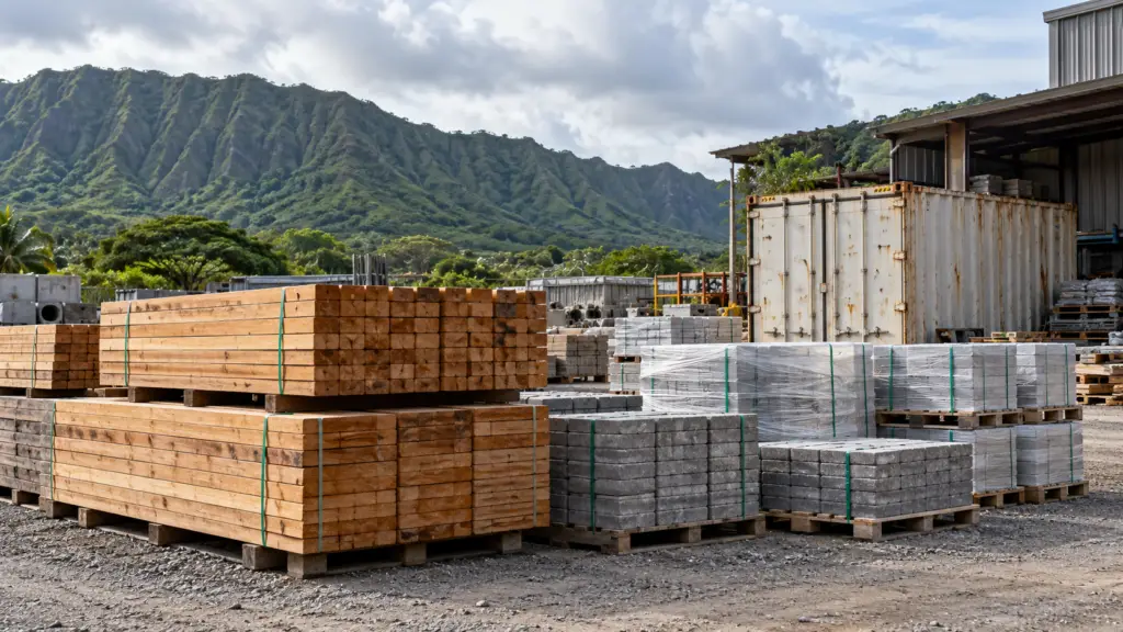 Bundled lumber and palletized pavers in a supply yard