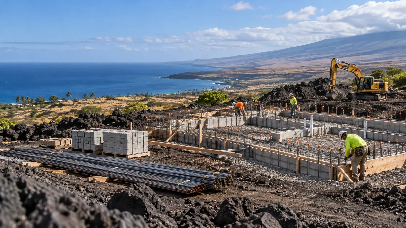 Rebar and concrete foundations on a volcanic coastal site