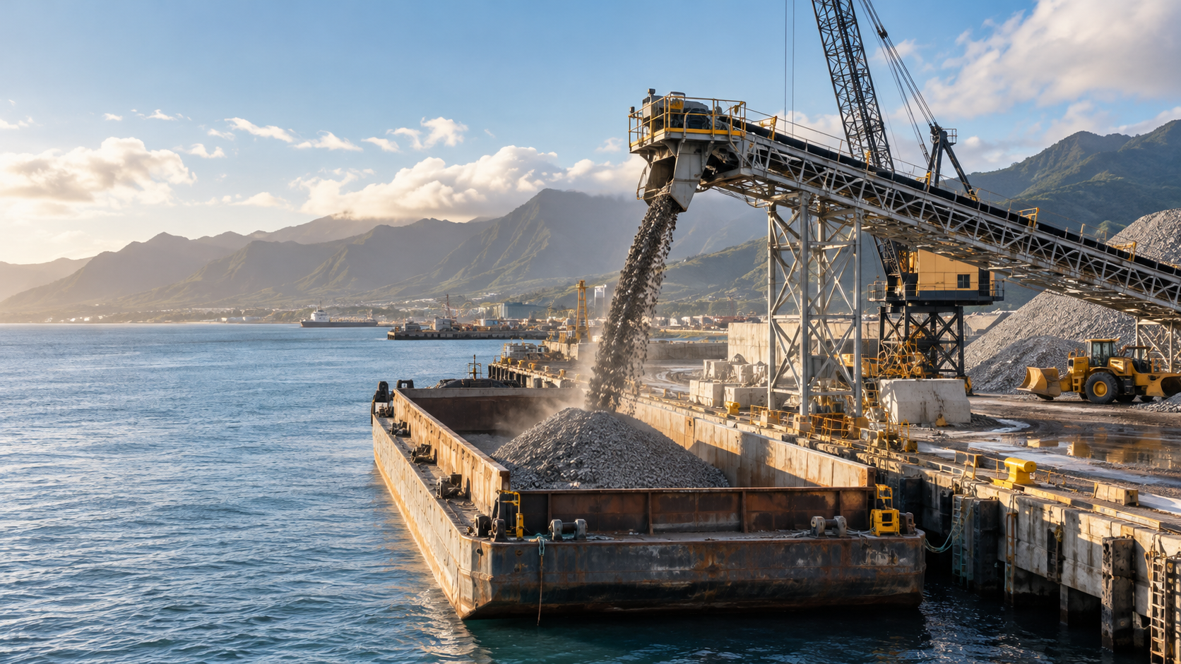 Conveyor loading crushed rock onto a harbor barge