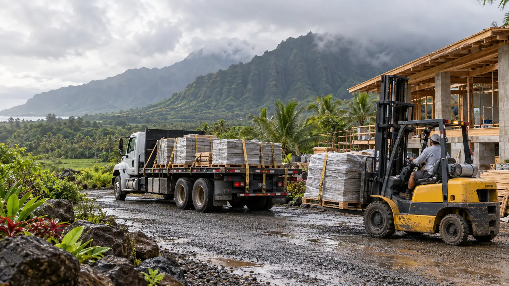 Forklift unloading building materials beside a construction site