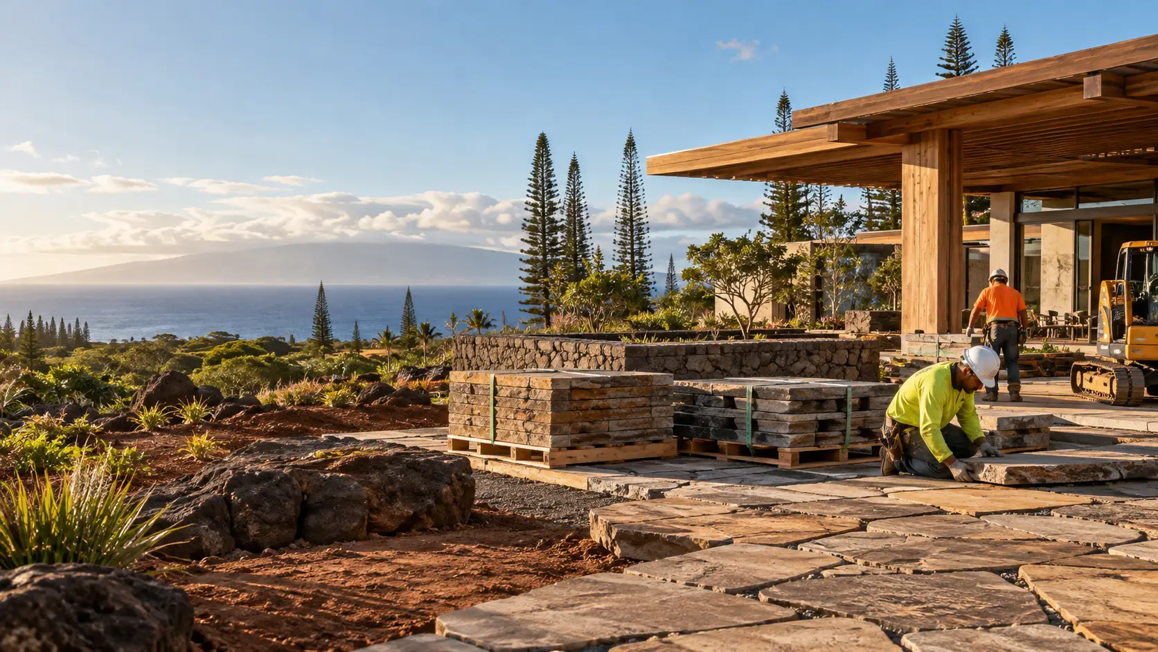 Workers laying stone pavers beside a coastal building