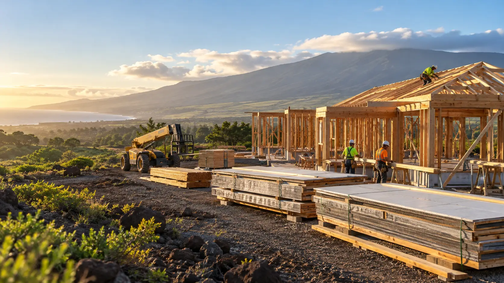 Workers framing a house beside stacked building panels