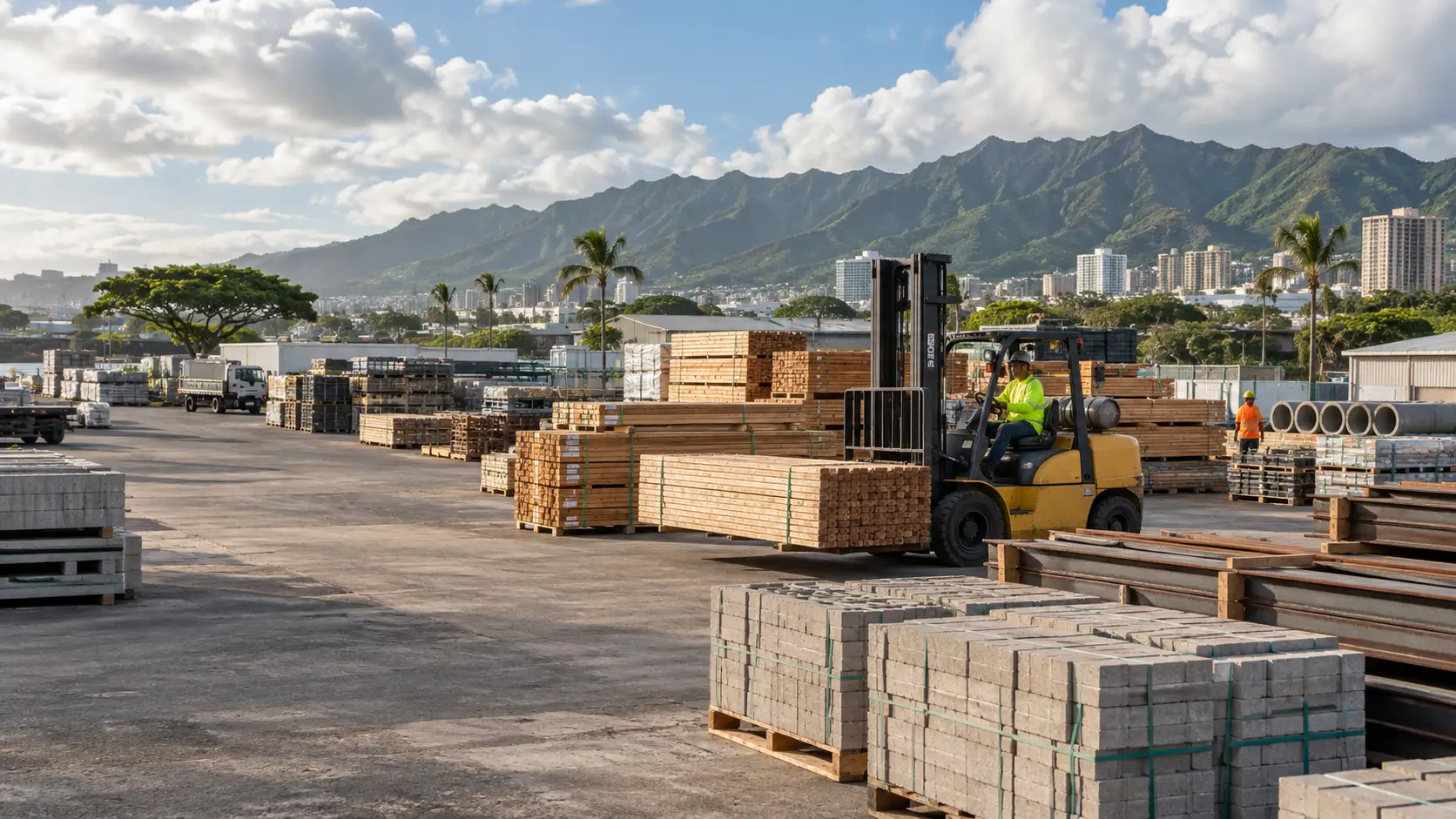 Forklift moving lumber among palletized masonry materials