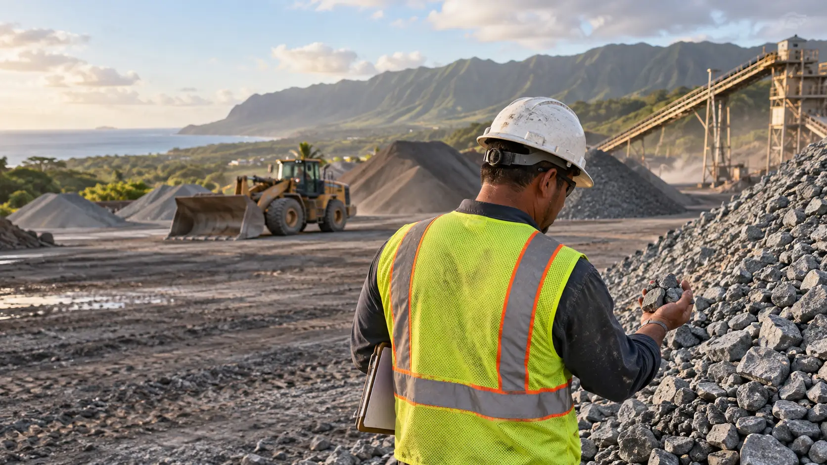 Worker inspecting crushed rock at a quarry
