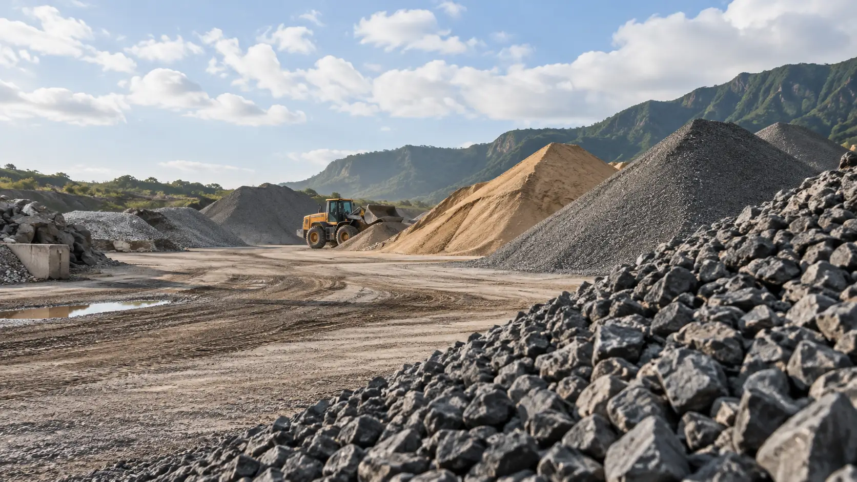 Loader beside sand and crushed rock stockpiles