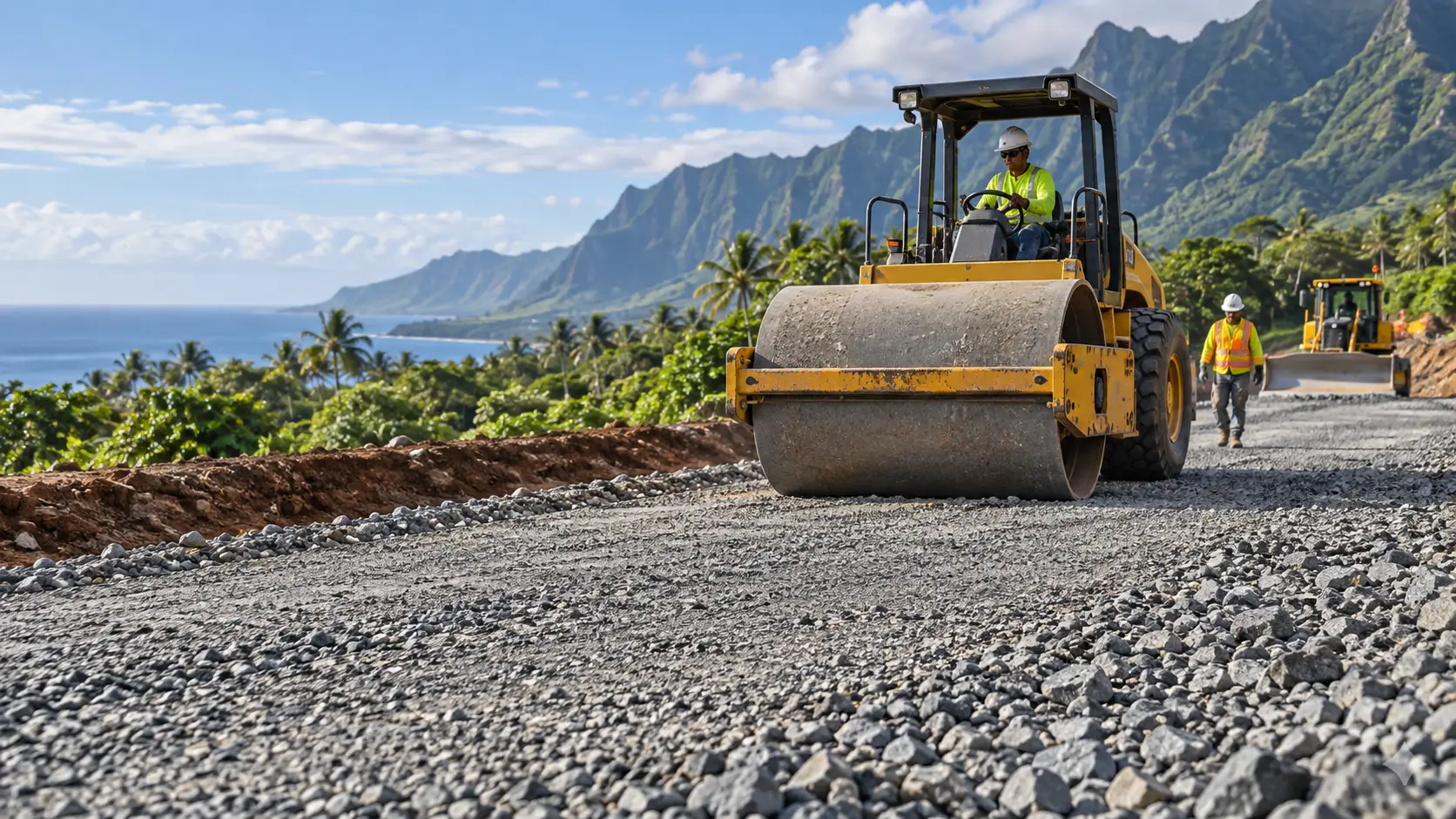 Roller compacting aggregate on a coastal road