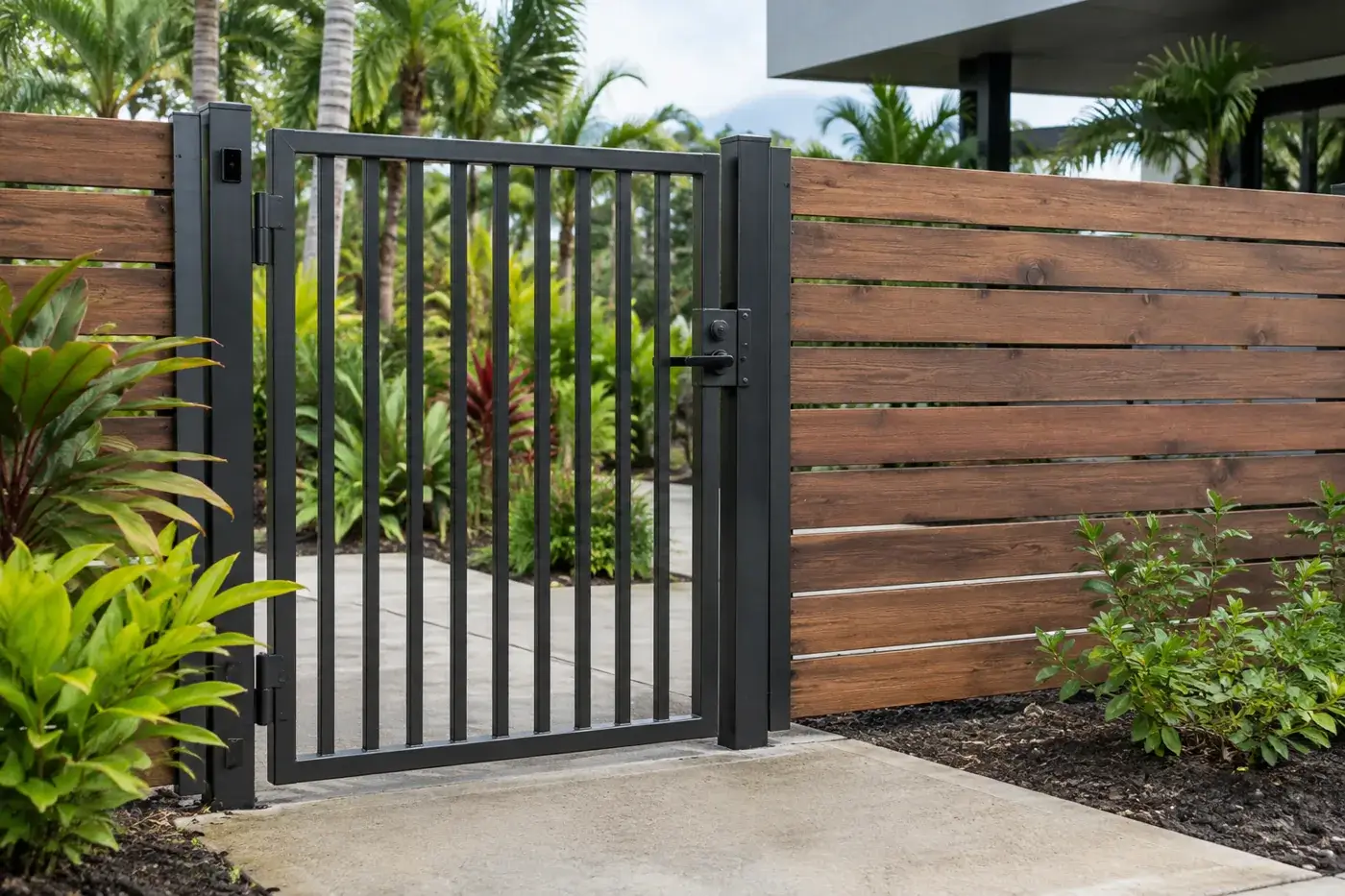 Metal gate beside a horizontal timber fence