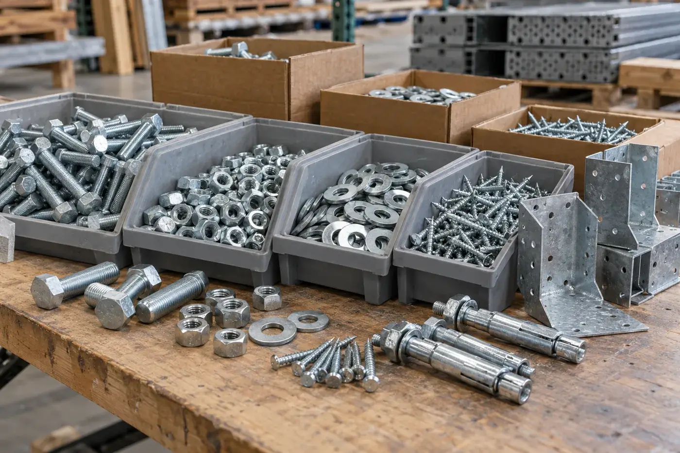 Construction bolts, washers, anchors and metal brackets