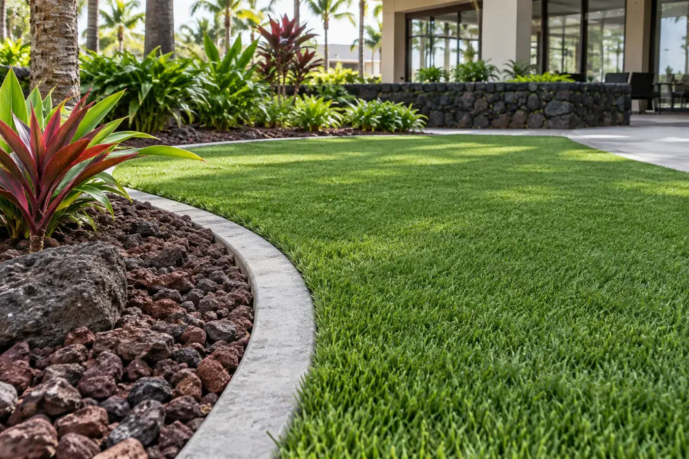 Green turf bordered by lava rock and tropical plants