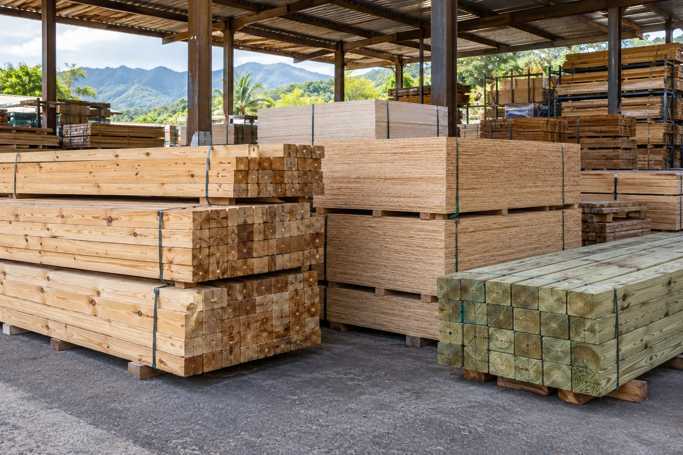 Bundled lumber and plywood in a materials warehouse