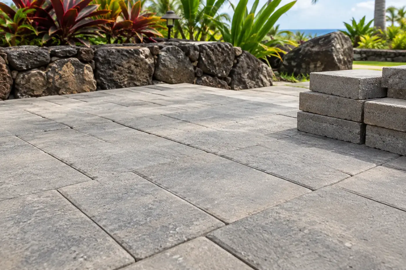 Concrete pavers on a landscaped patio