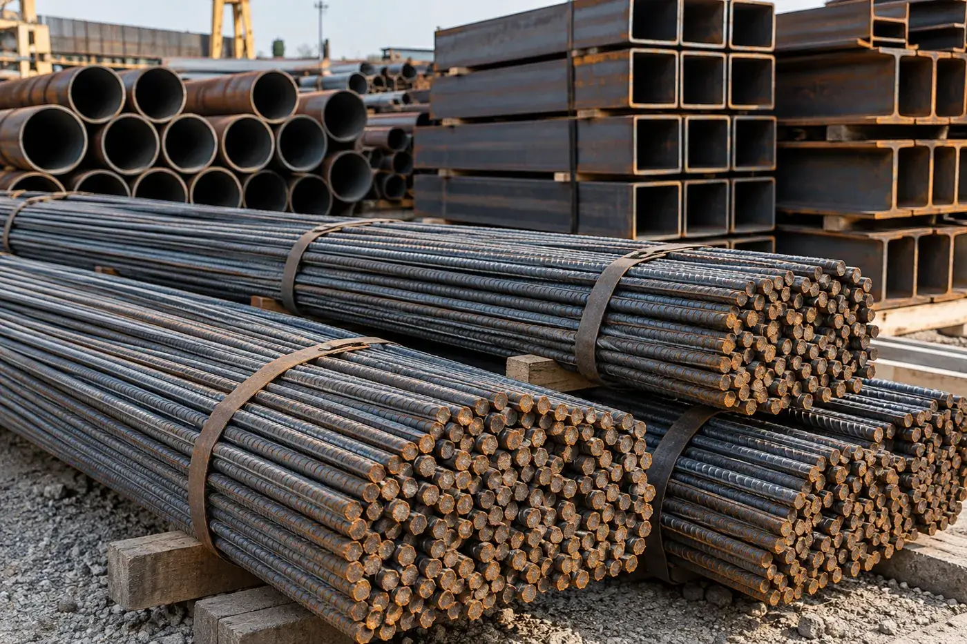 Bundled rebar beside steel pipes and structural sections